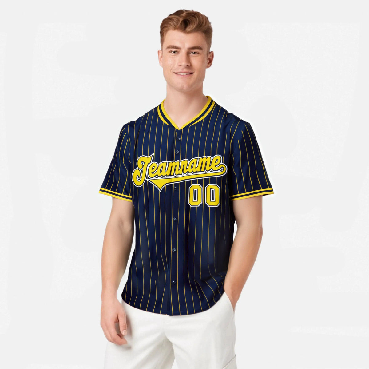 Custom Navy Yellow Pinstripe Yellow-White Authentic Baseball Jersey