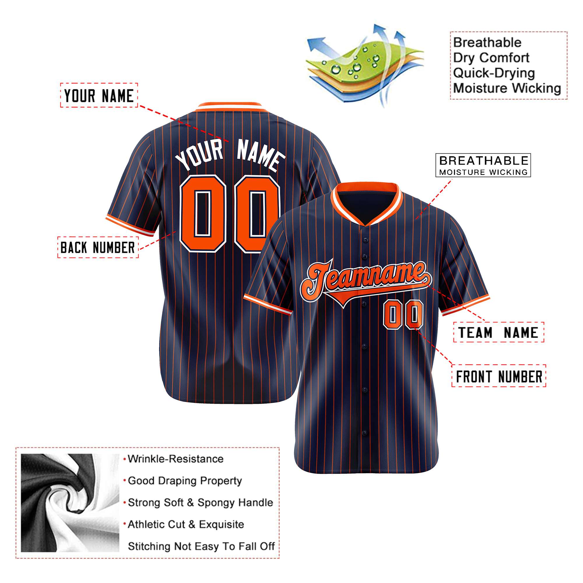 Custom Navy Orange Pinstripe Orange-White Authentic Baseball Jersey