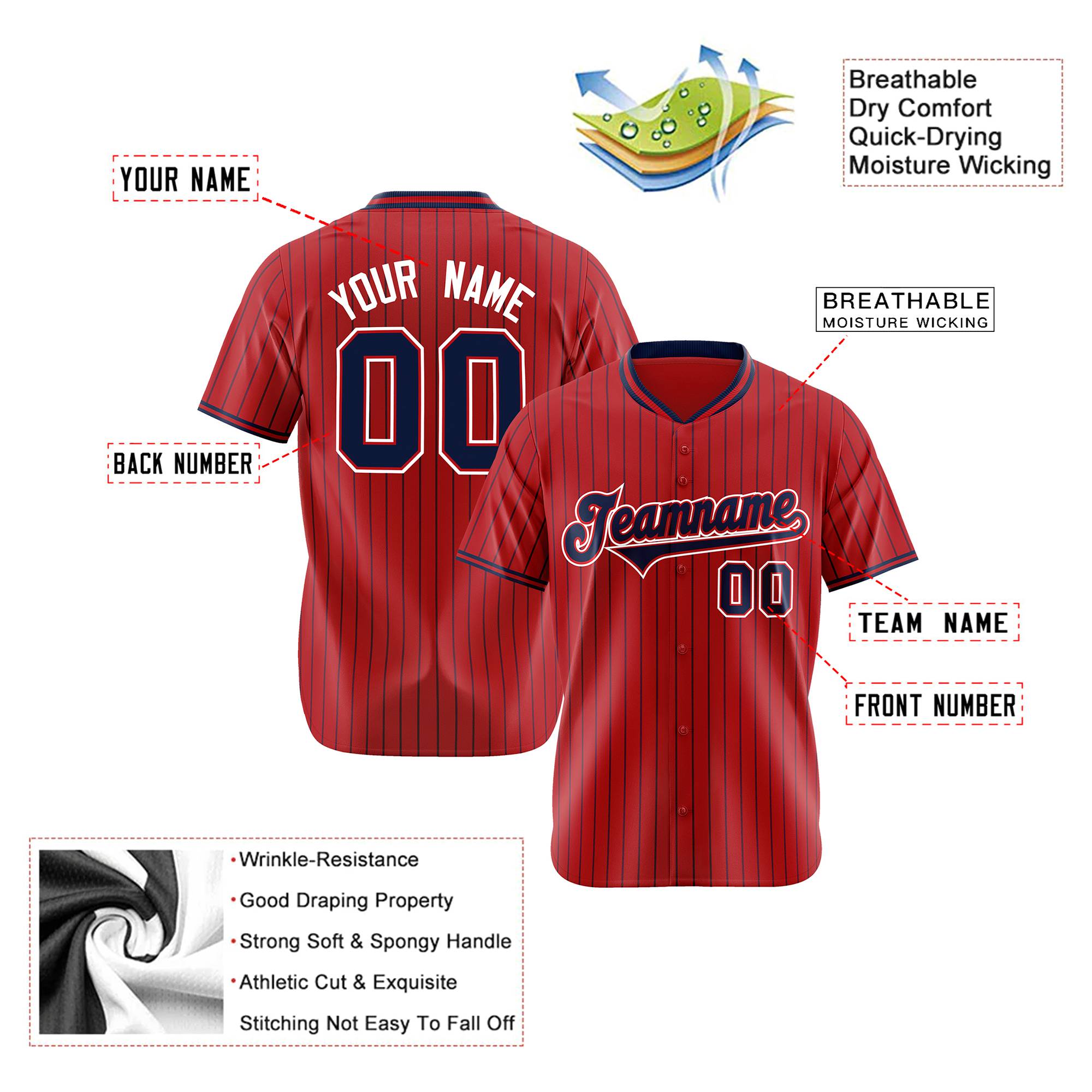 Custom Red Navy Pinstripe Navy-White Authentic Baseball Jersey