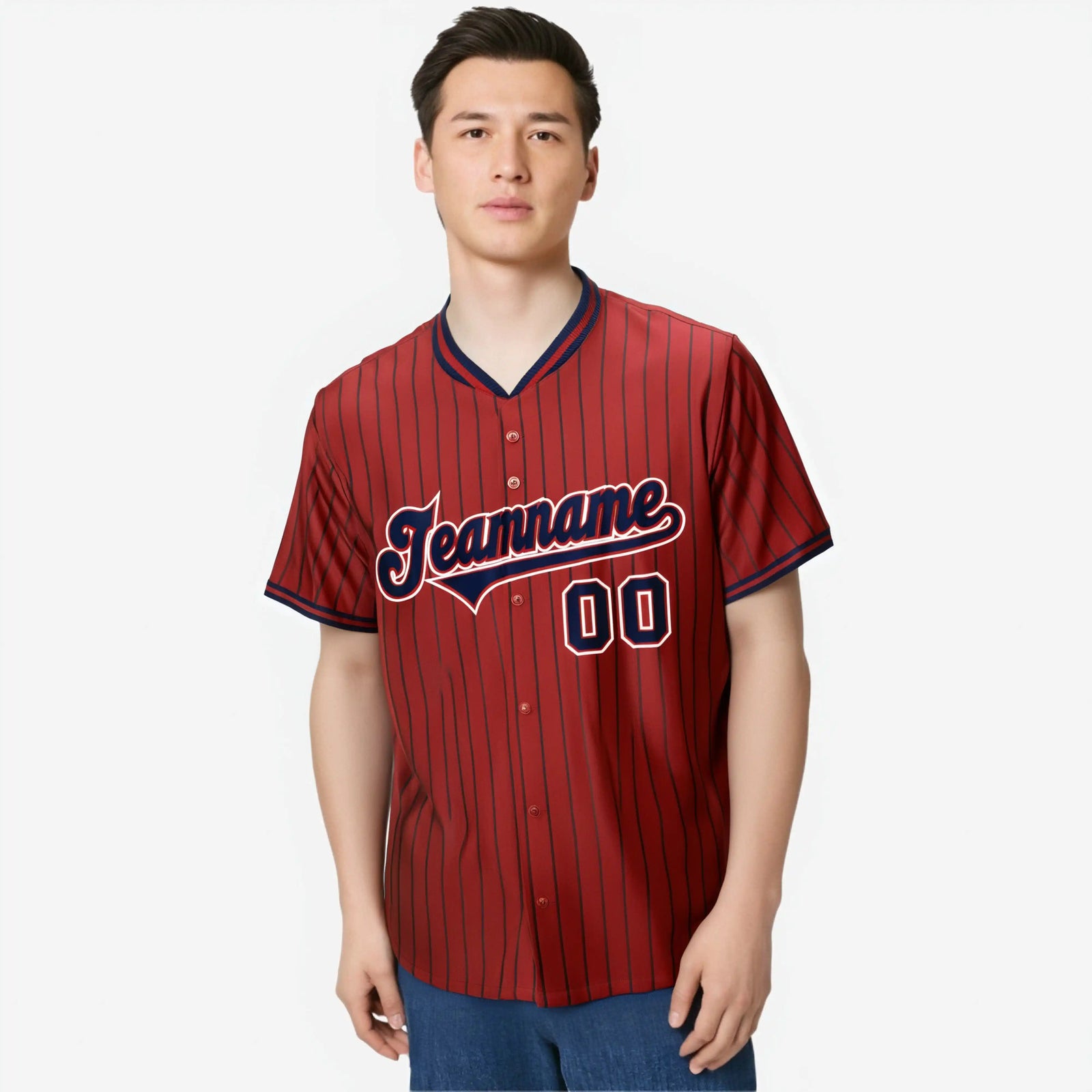 Custom Red Navy Pinstripe Navy-White Authentic Baseball Jersey
