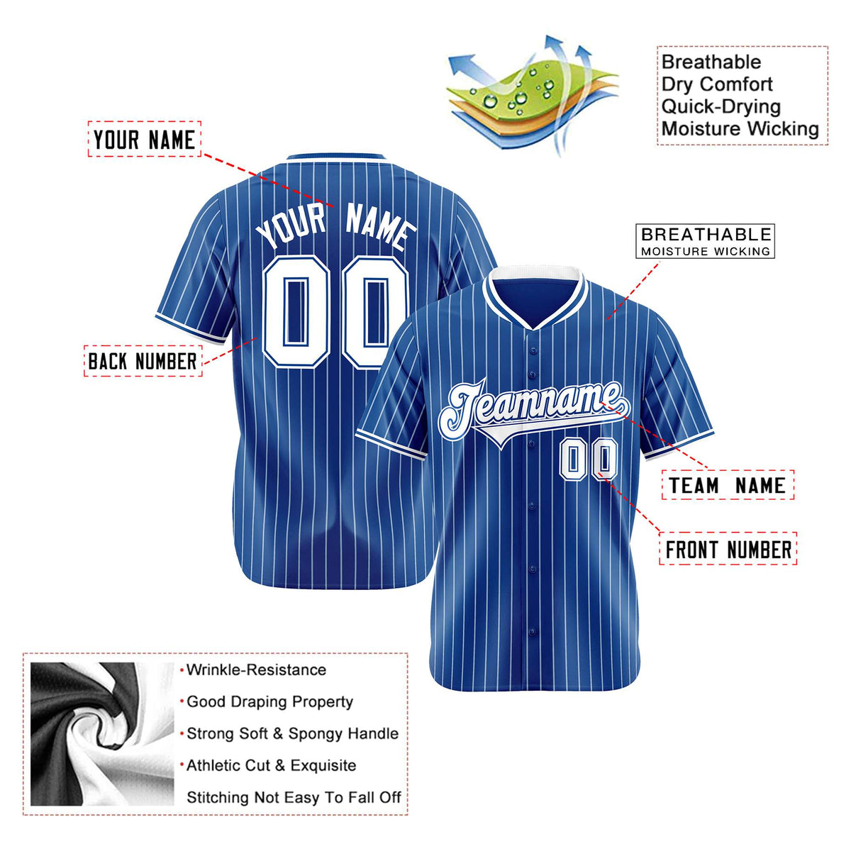 Custom Blue White Pinstripe White-Blue Authentic Baseball Jersey