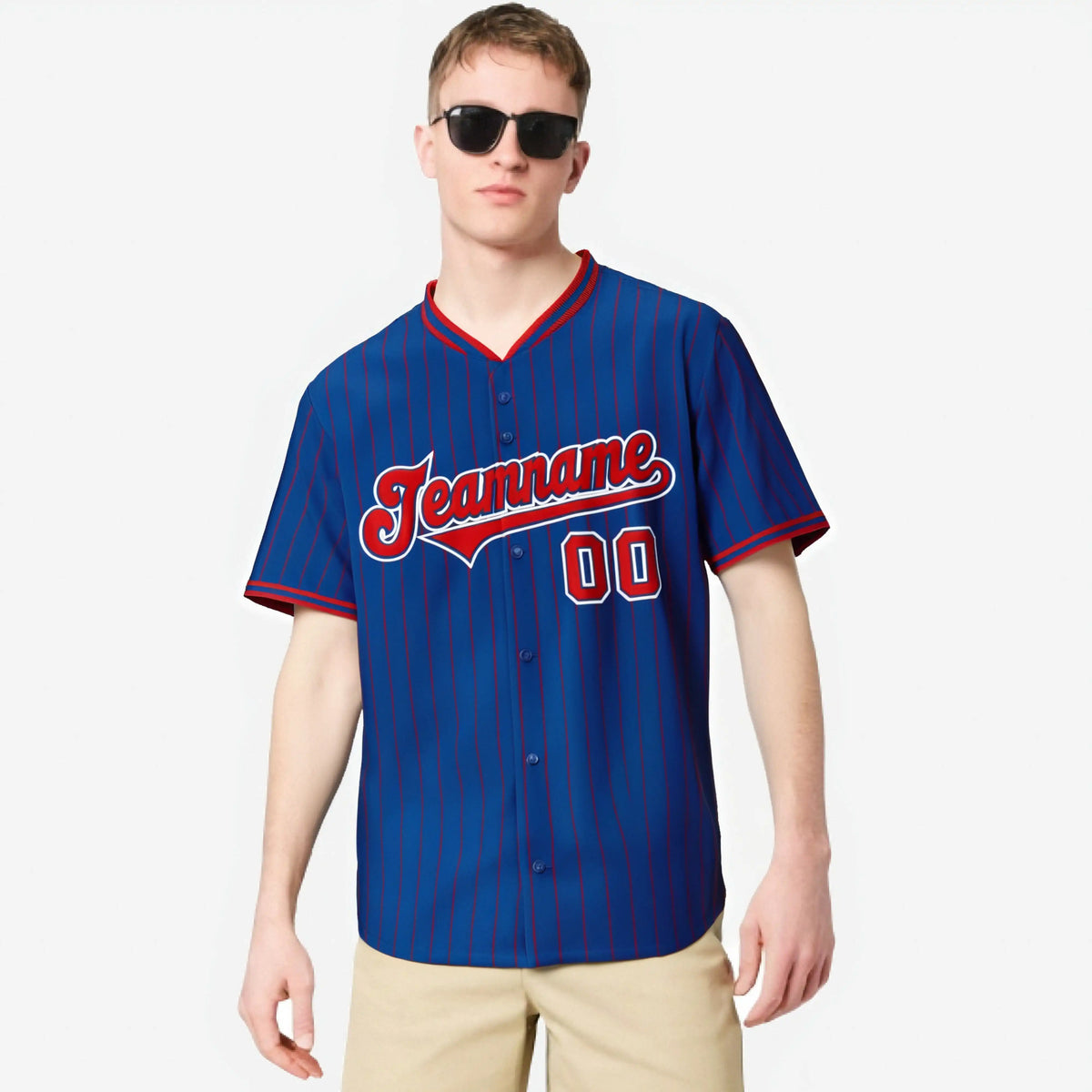 Custom Blue Red Pinstripe Red-White Authentic Baseball Jersey
