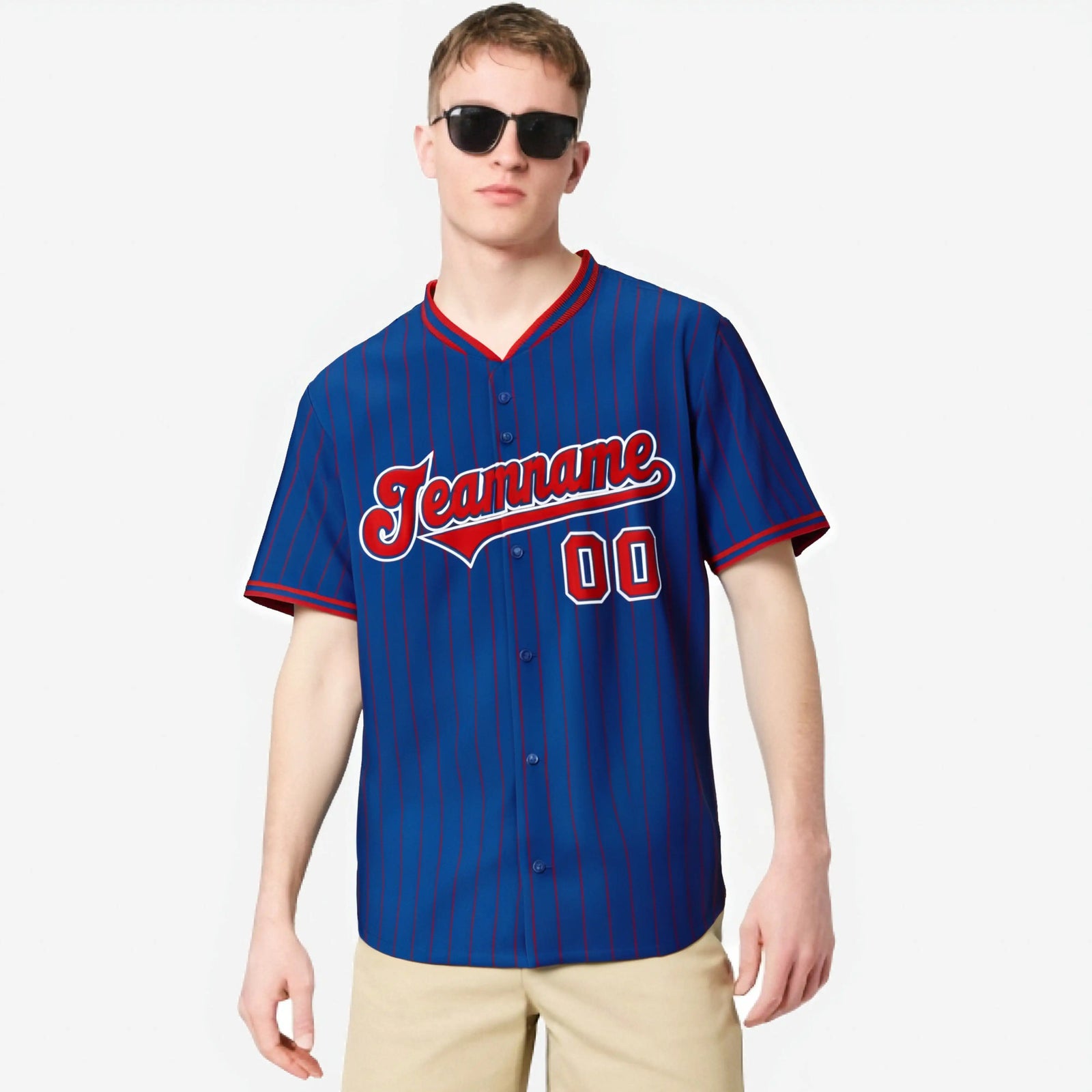 Custom Blue Red Pinstripe Red-White Authentic Baseball Jersey