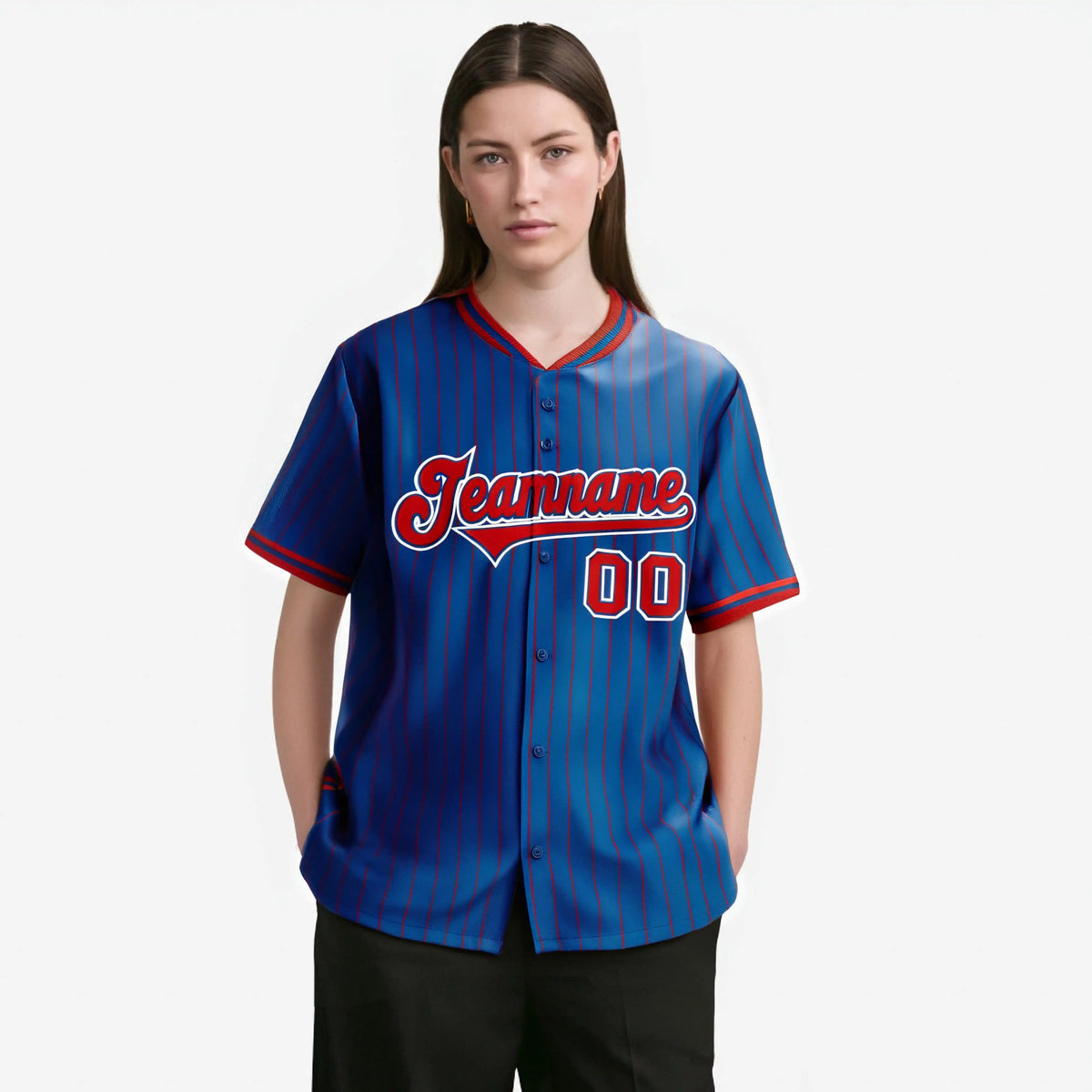 Custom Blue Red Pinstripe Red-White Authentic Baseball Jersey