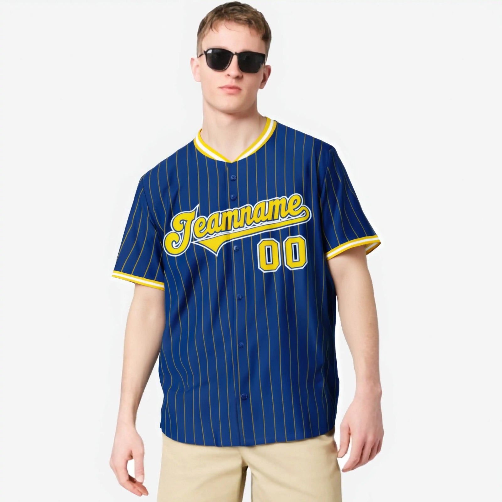 Custom Blue Yellow Pinstripe Yellow-White Authentic Baseball Jersey