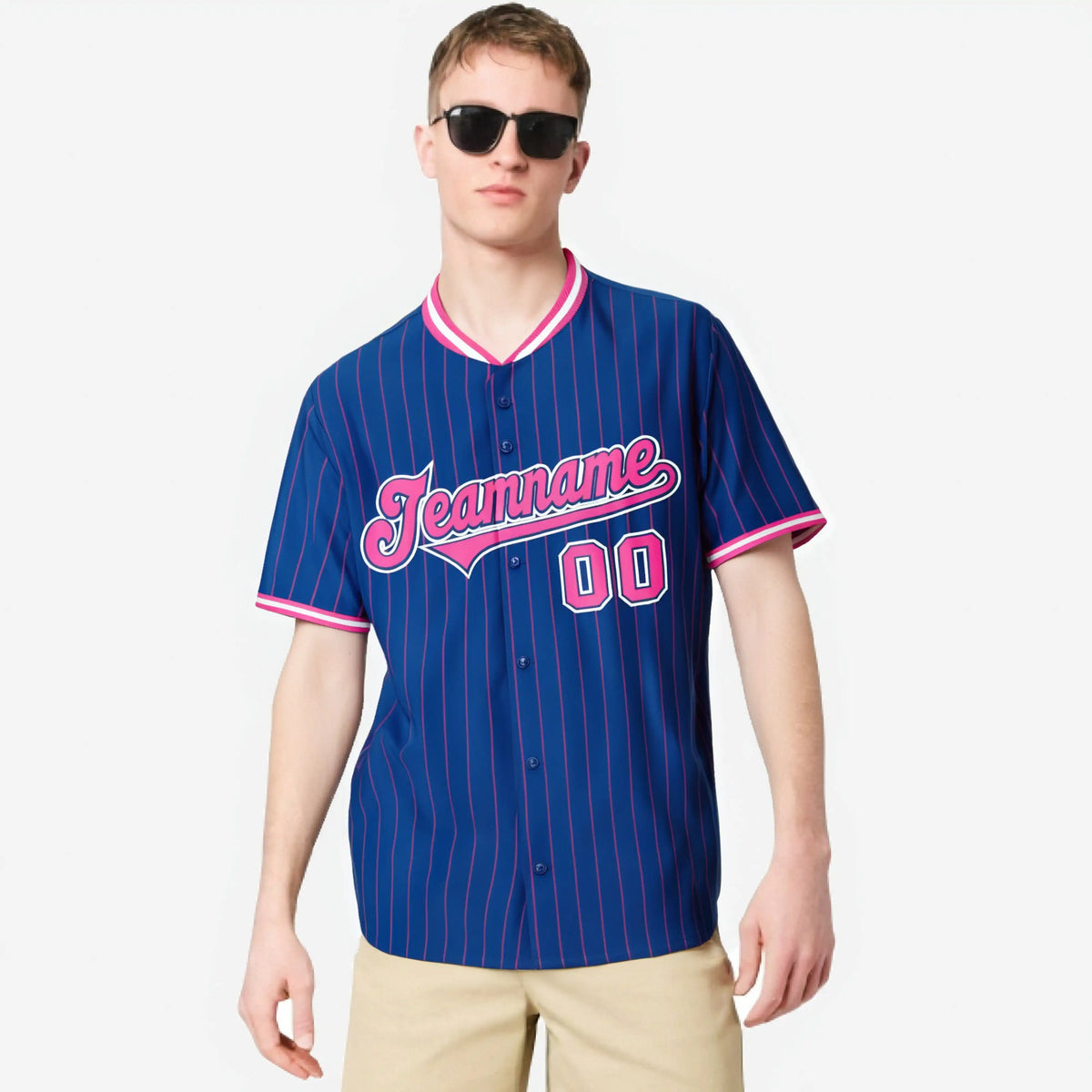Custom Blue Pink Pinstripe Pink-White Authentic Baseball Jersey