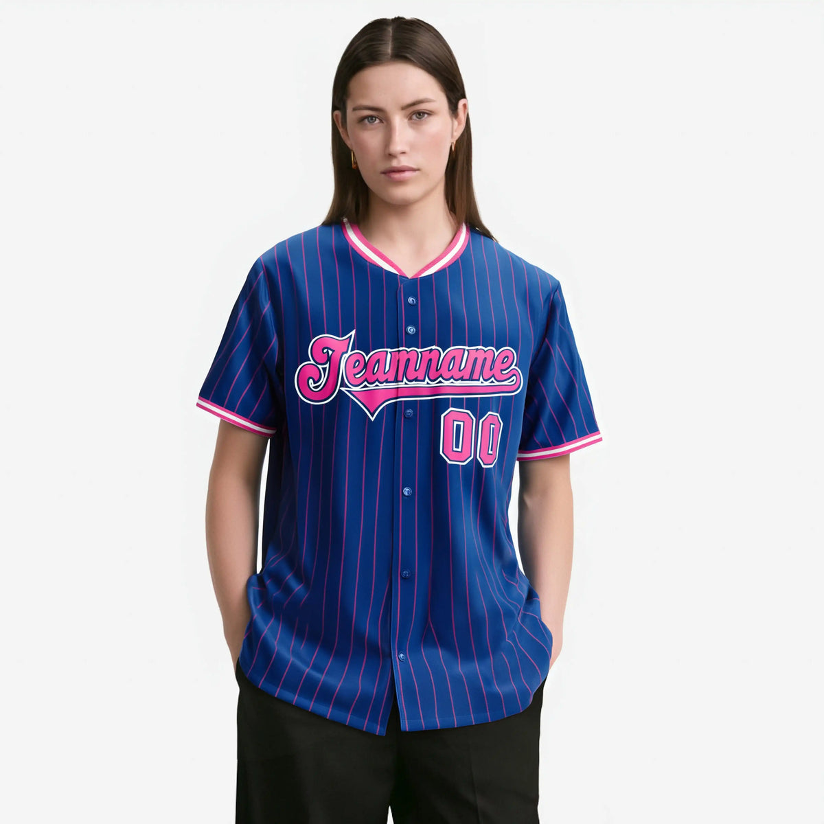 Custom Blue Pink Pinstripe Pink-White Authentic Baseball Jersey
