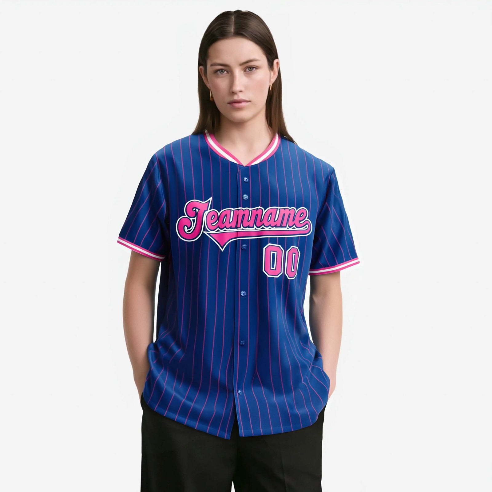 Custom Blue Pink Pinstripe Pink-White Authentic Baseball Jersey
