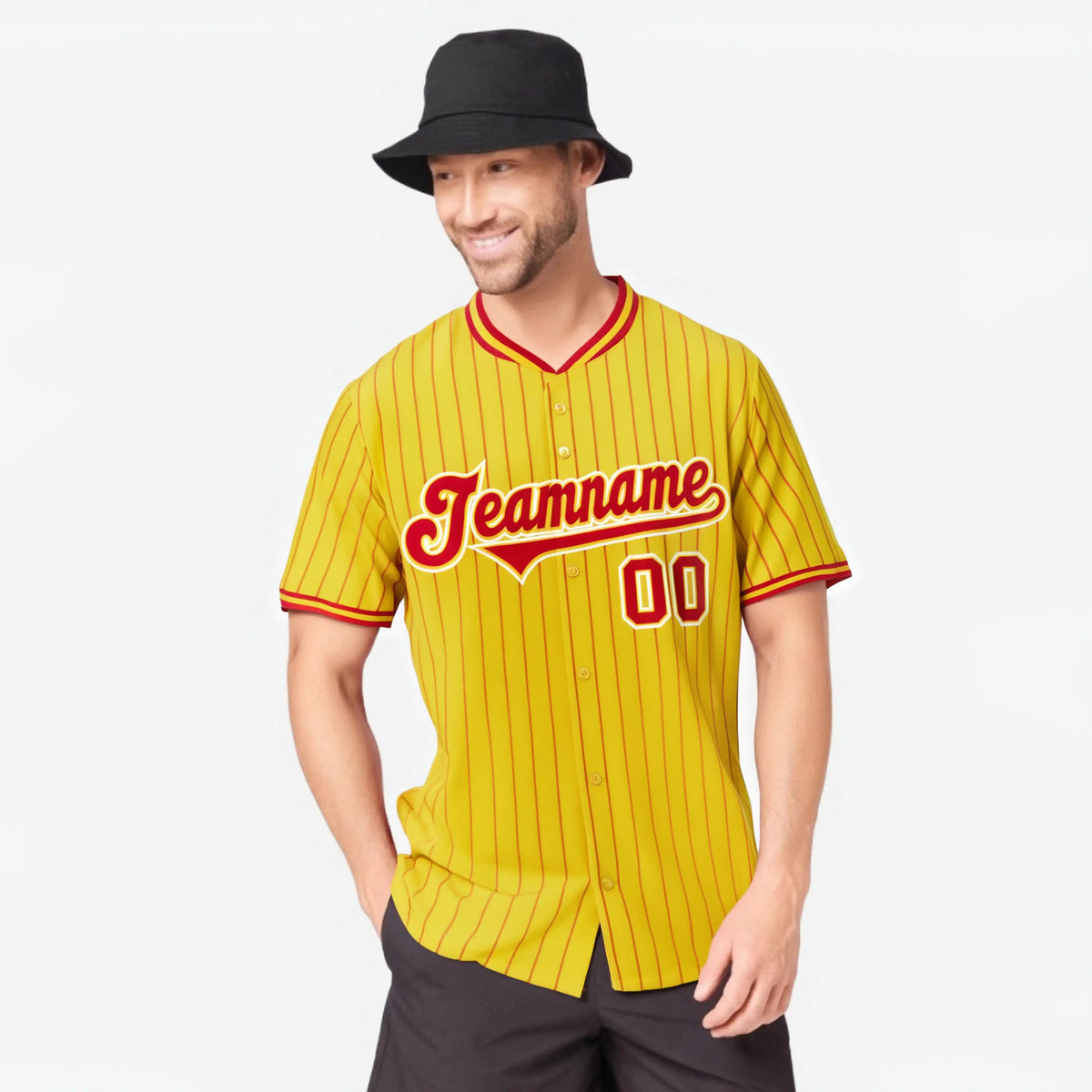 Custom Yellow Red Pinstripe Red-White Authentic Baseball Jersey