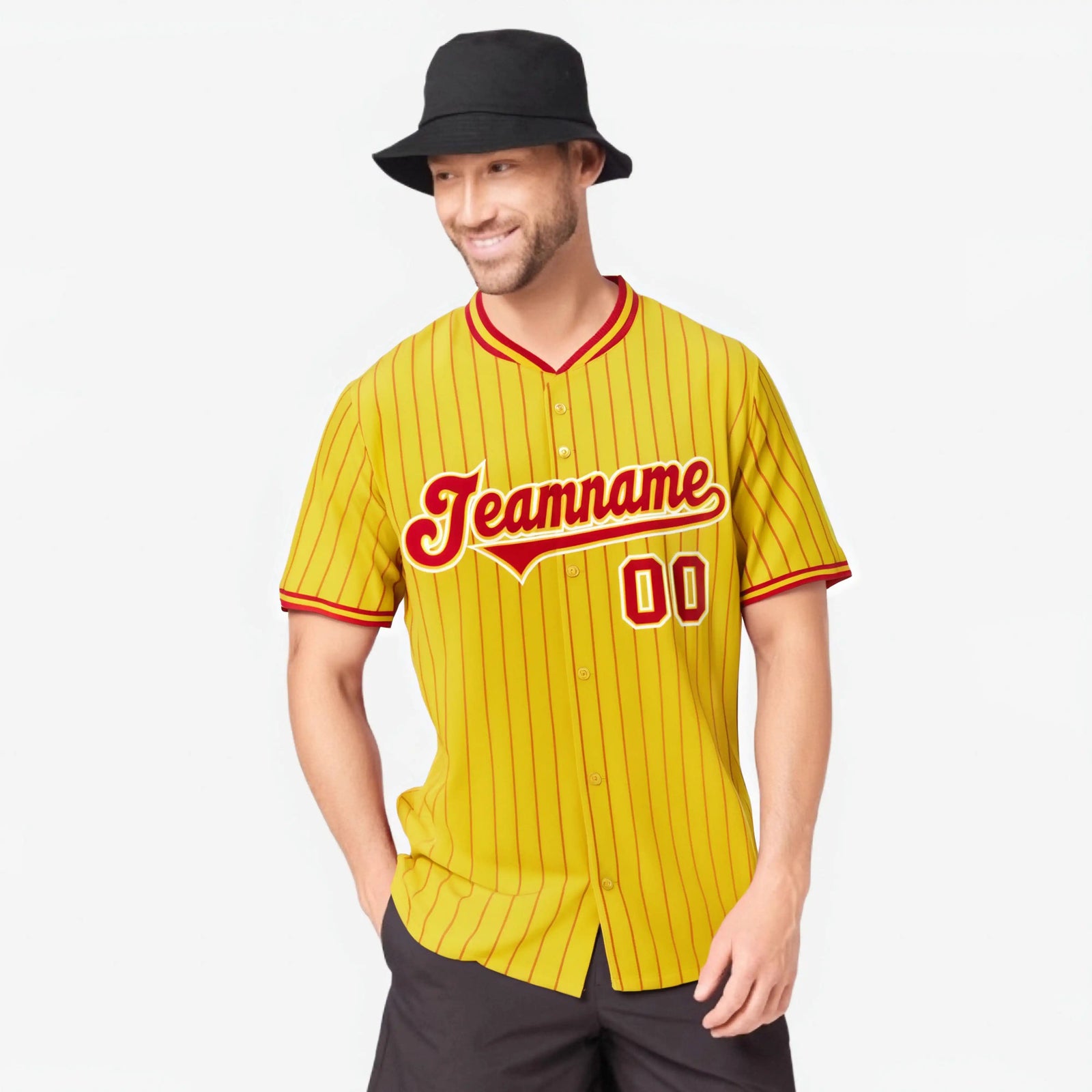 Custom Yellow Red Pinstripe Red-White Authentic Baseball Jersey