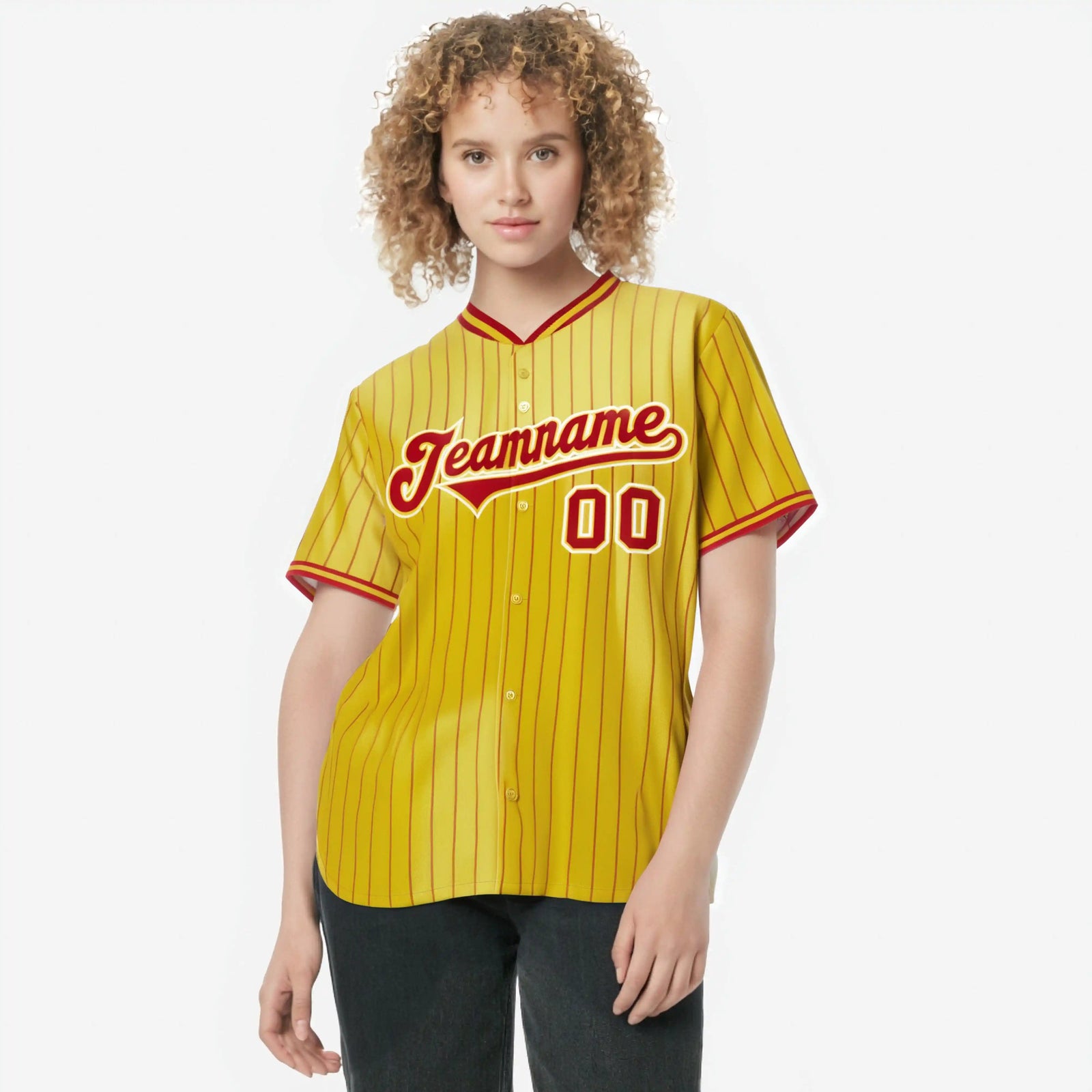 Custom Yellow Red Pinstripe Red-White Authentic Baseball Jersey