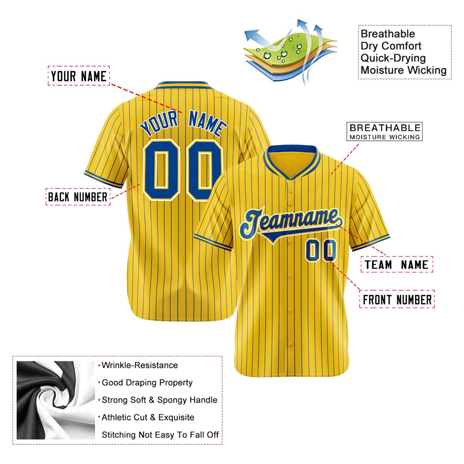 Custom Yellow Blue Pinstripe Blue-White Authentic Baseball Jersey