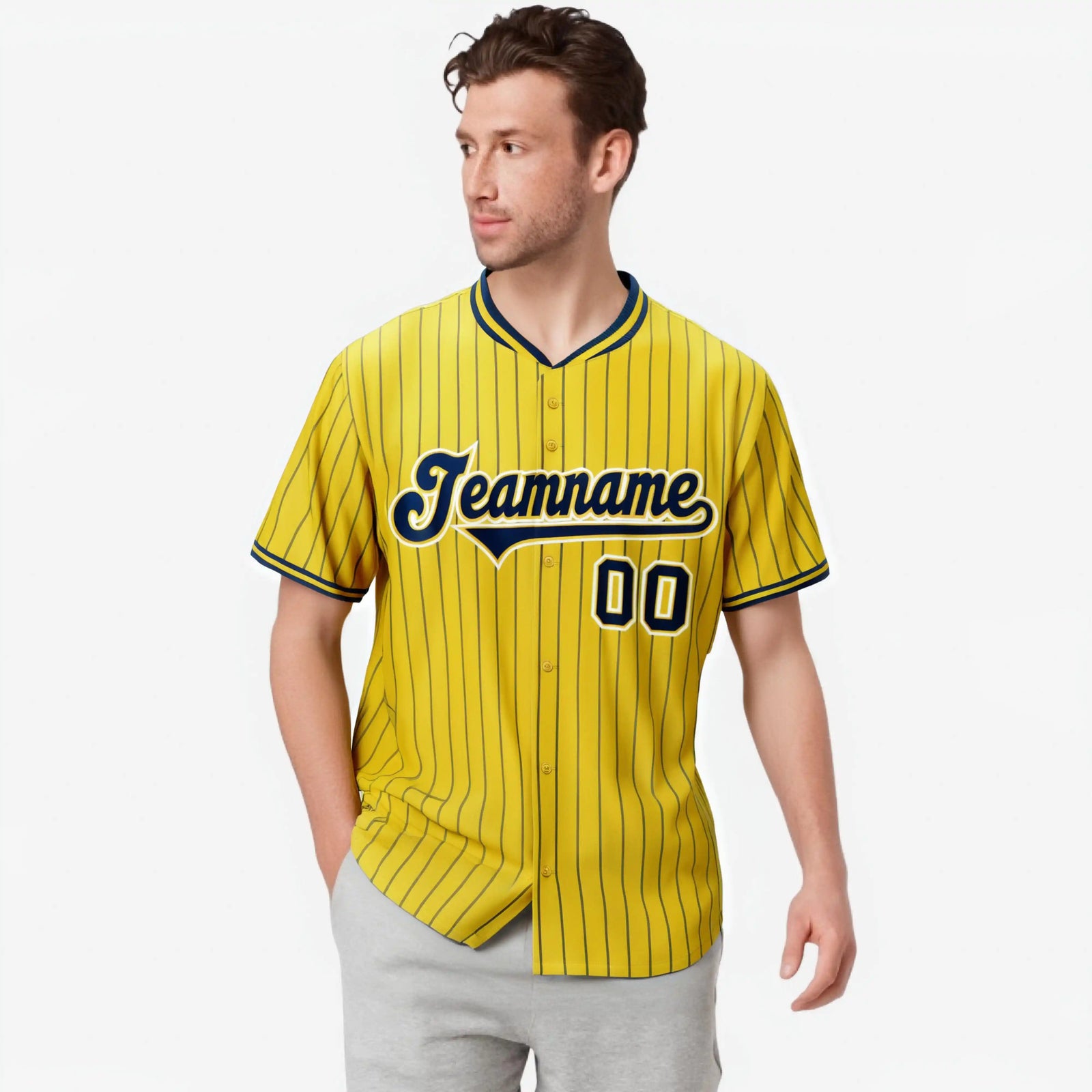 Custom Yellow Navy Pinstripe Navy-White Authentic Baseball Jersey