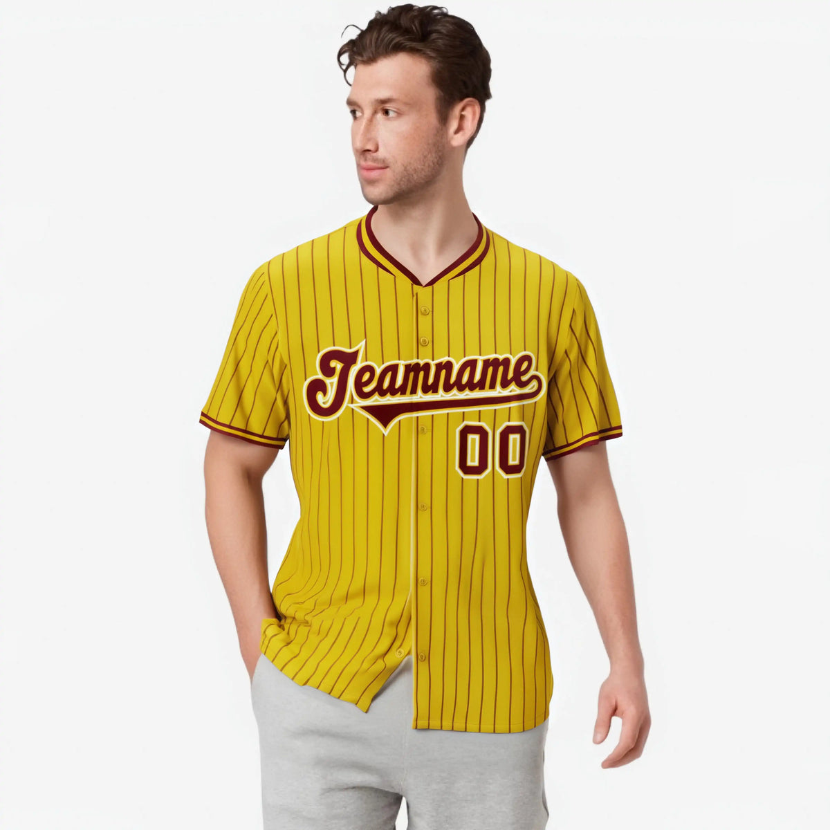Custom Yellow Burgundy Pinstripe Burgundy-White Authentic Baseball Jersey