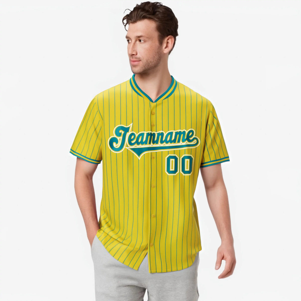 Custom Yellow Aqua Pinstripe Aqua-White Authentic Baseball Jersey