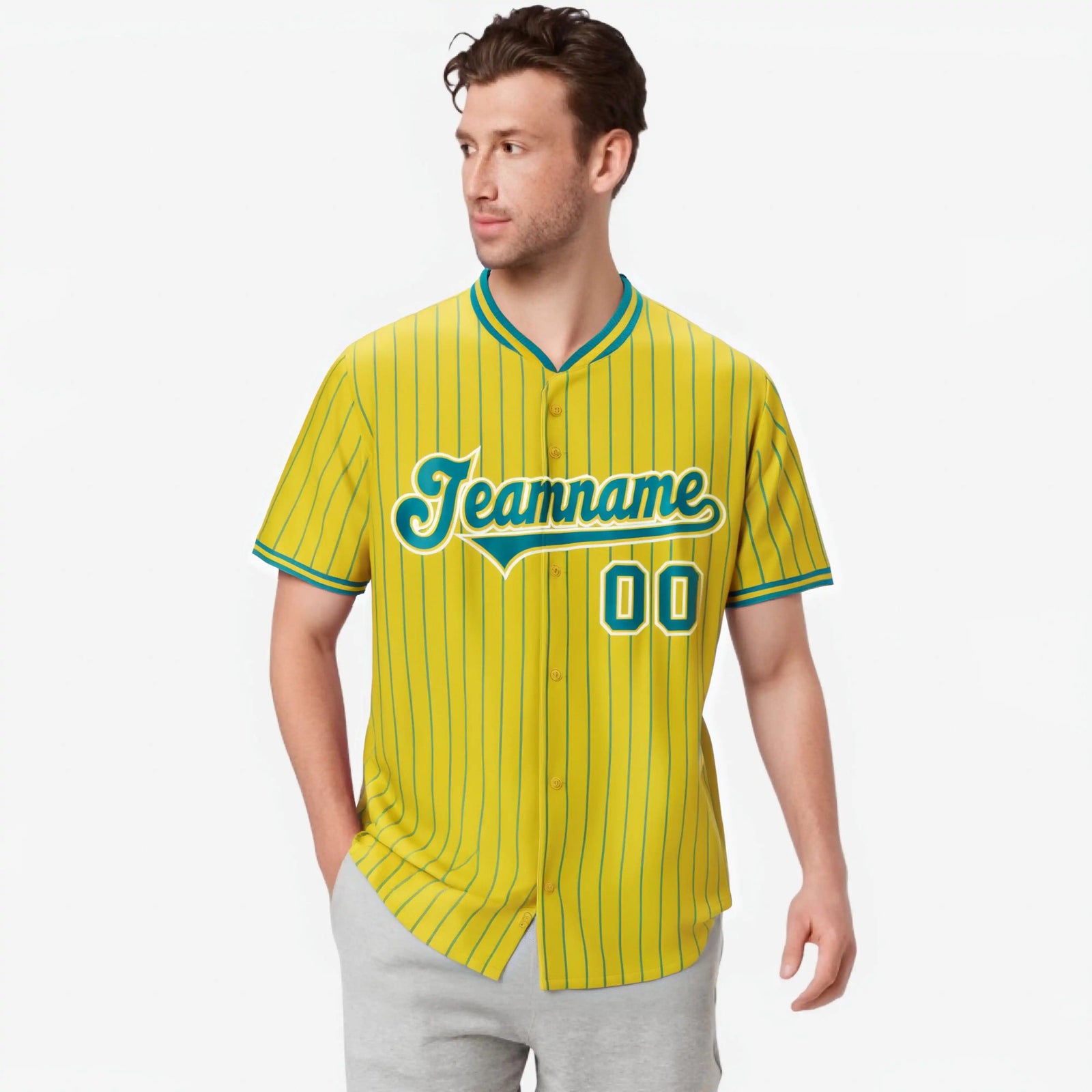 Custom Yellow Aqua Pinstripe Aqua-White Authentic Baseball Jersey