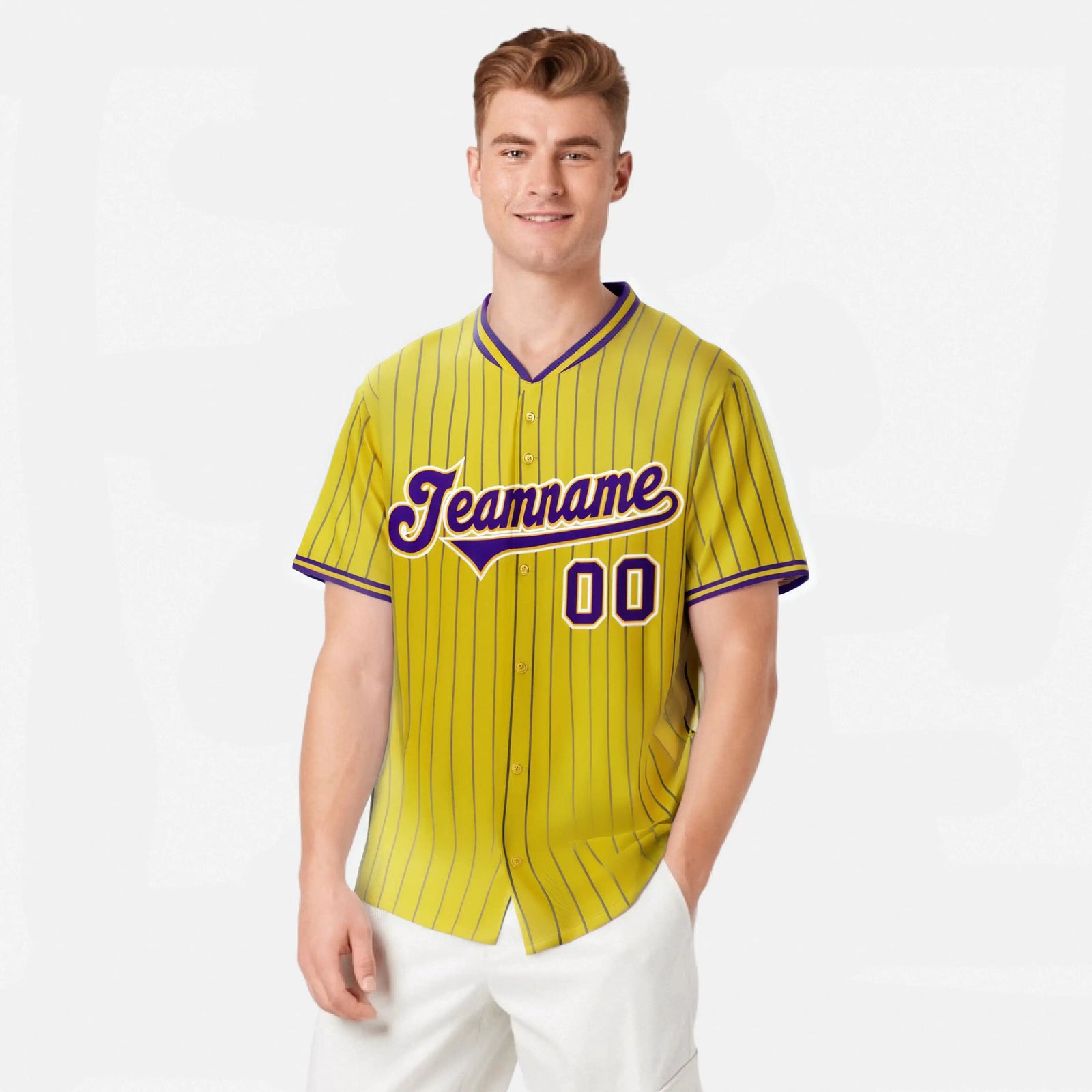 Custom Yellow Purple Pinstripe Purple-White Authentic Baseball Jersey