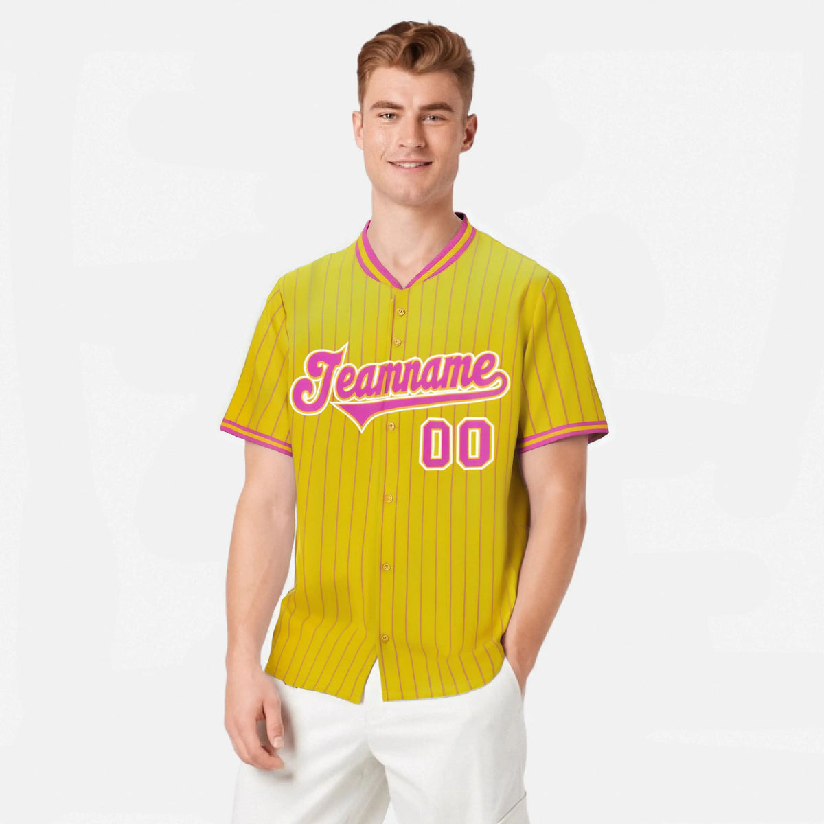 Custom Yellow Pink Pinstripe Pink-White Authentic Baseball Jersey
