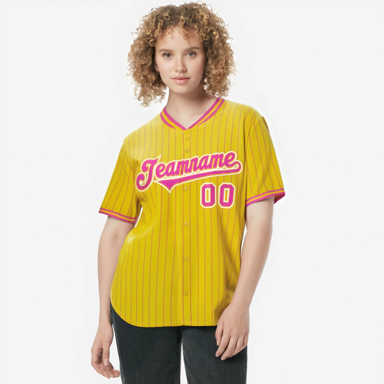 Custom Yellow Pink Pinstripe Pink-White Authentic Baseball Jersey