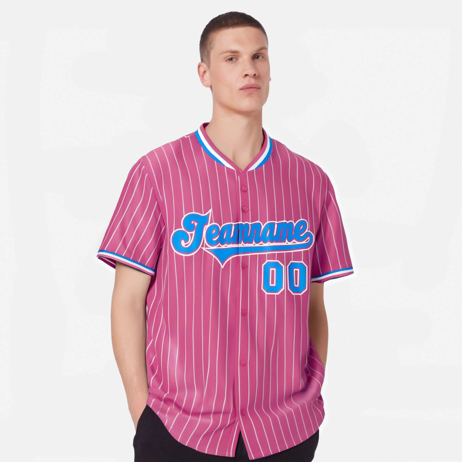 Custom Pink Blue Pinstripe Blue-White Authentic Baseball Jersey