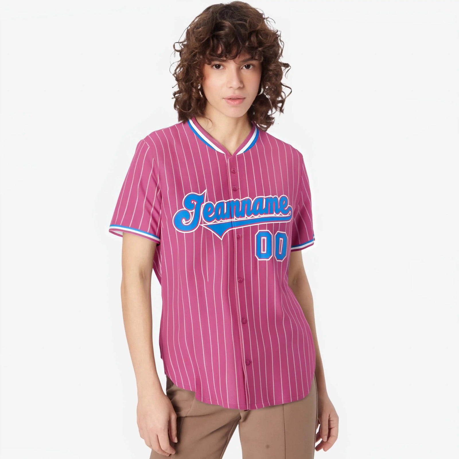 Custom Pink Blue Pinstripe Blue-White Authentic Baseball Jersey
