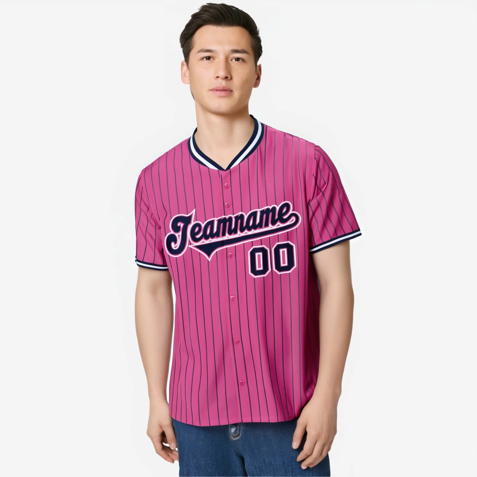 Custom Pink Blue Pinstripe Blue-White Authentic Baseball Jersey