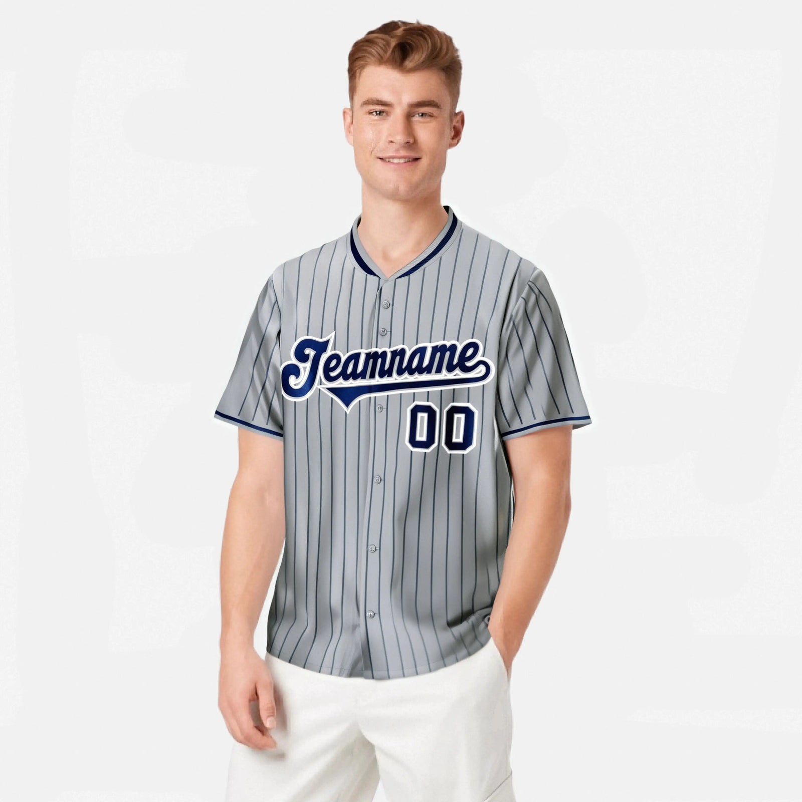 Custom Gray Navy Pinstripe Navy-White Authentic Baseball Jersey