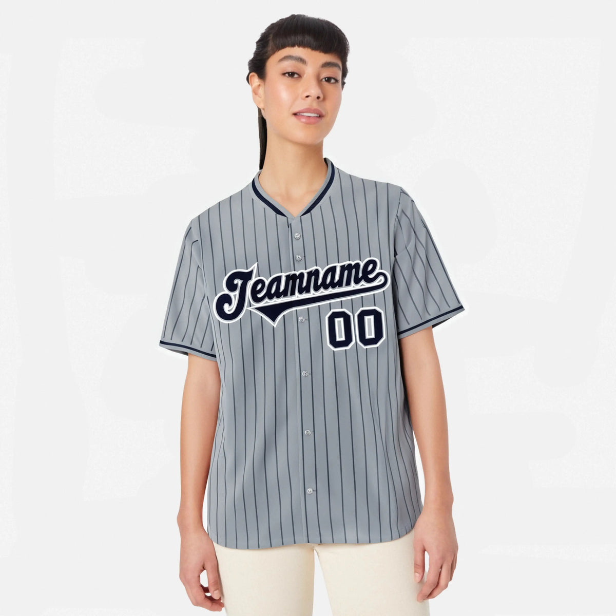 Custom Gray Navy Pinstripe Navy-White Authentic Baseball Jersey