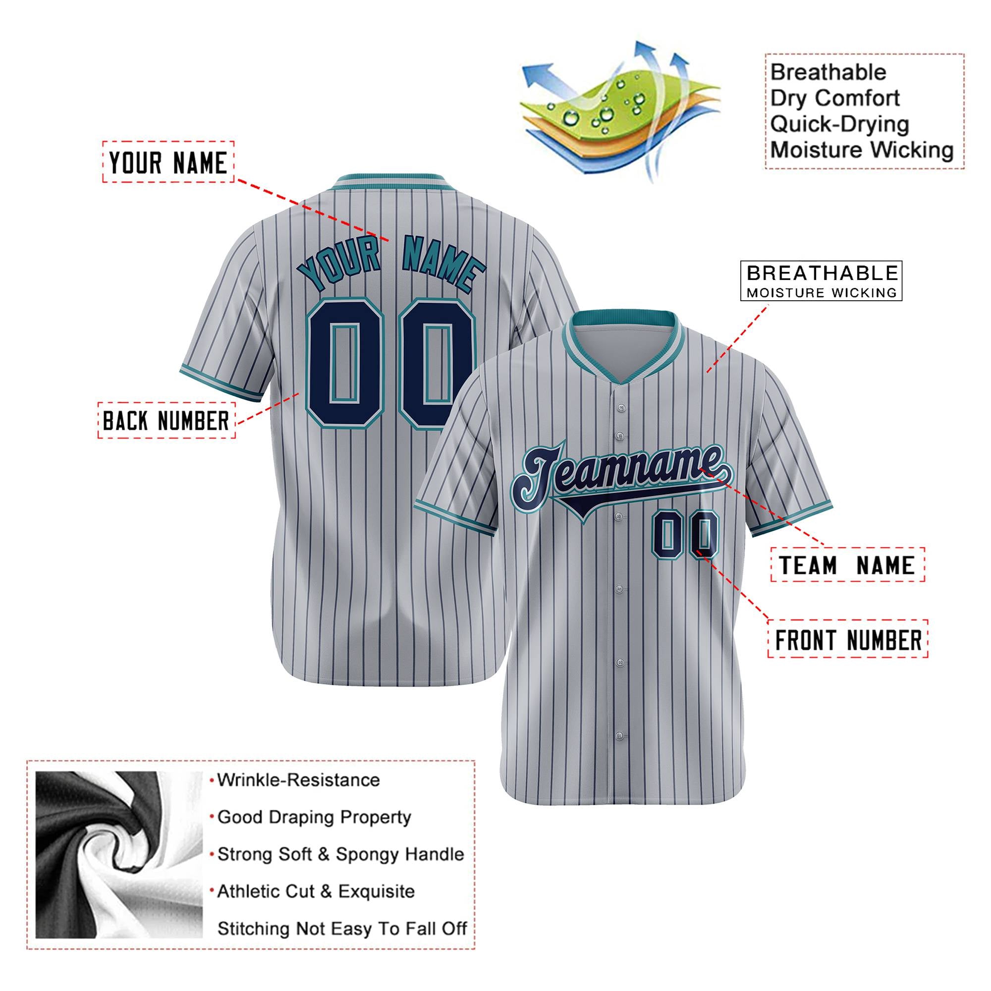 Custom Gray Navy Pinstripe Navy-Aqua Authentic Baseball Jersey