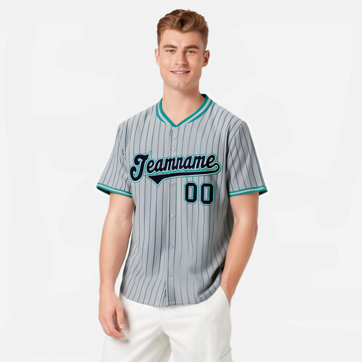 Custom Gray Navy Pinstripe Navy-Aqua Authentic Baseball Jersey