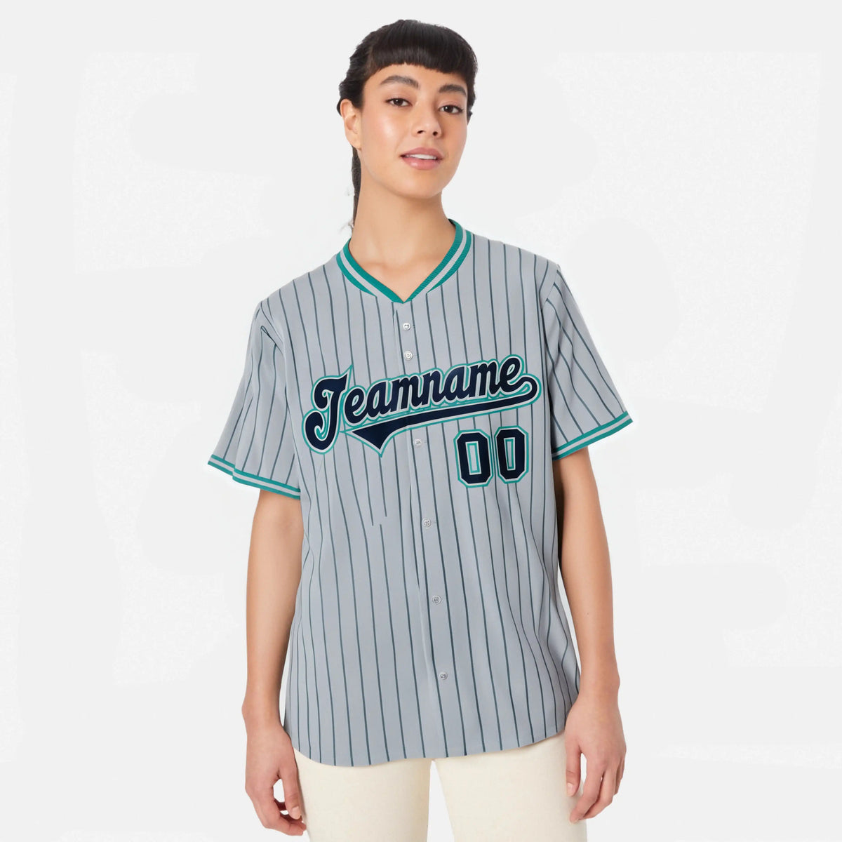 Custom Gray Navy Pinstripe Navy-Aqua Authentic Baseball Jersey
