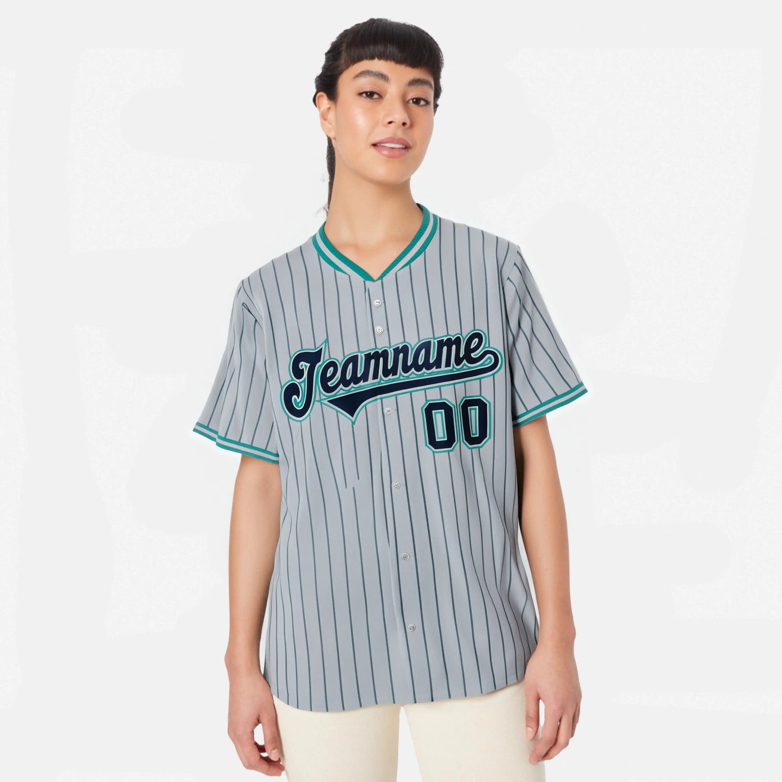 Custom Gray Navy Pinstripe Navy-Aqua Authentic Baseball Jersey