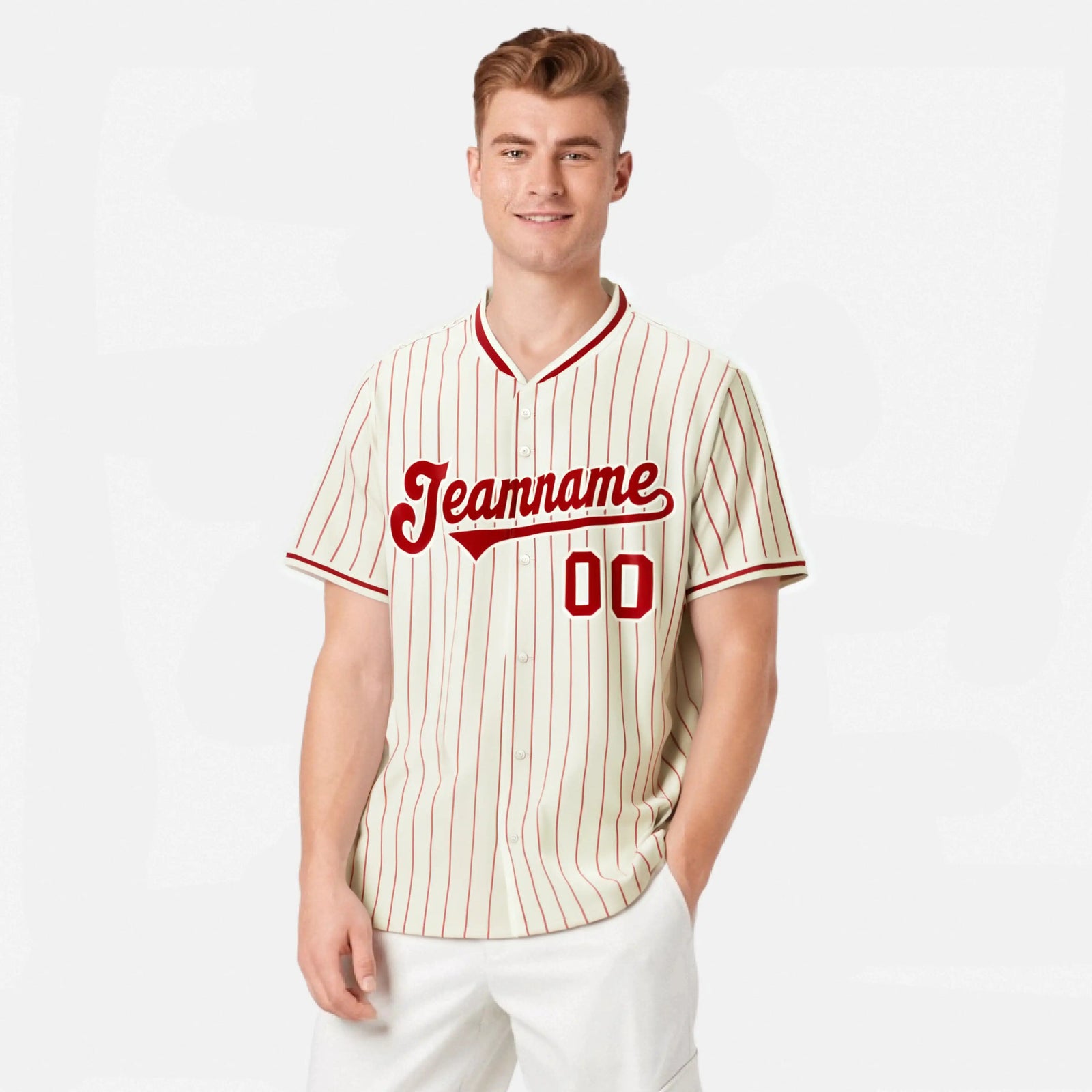 Custom Cream Red Pinstripe Red-White Authentic Baseball Jersey