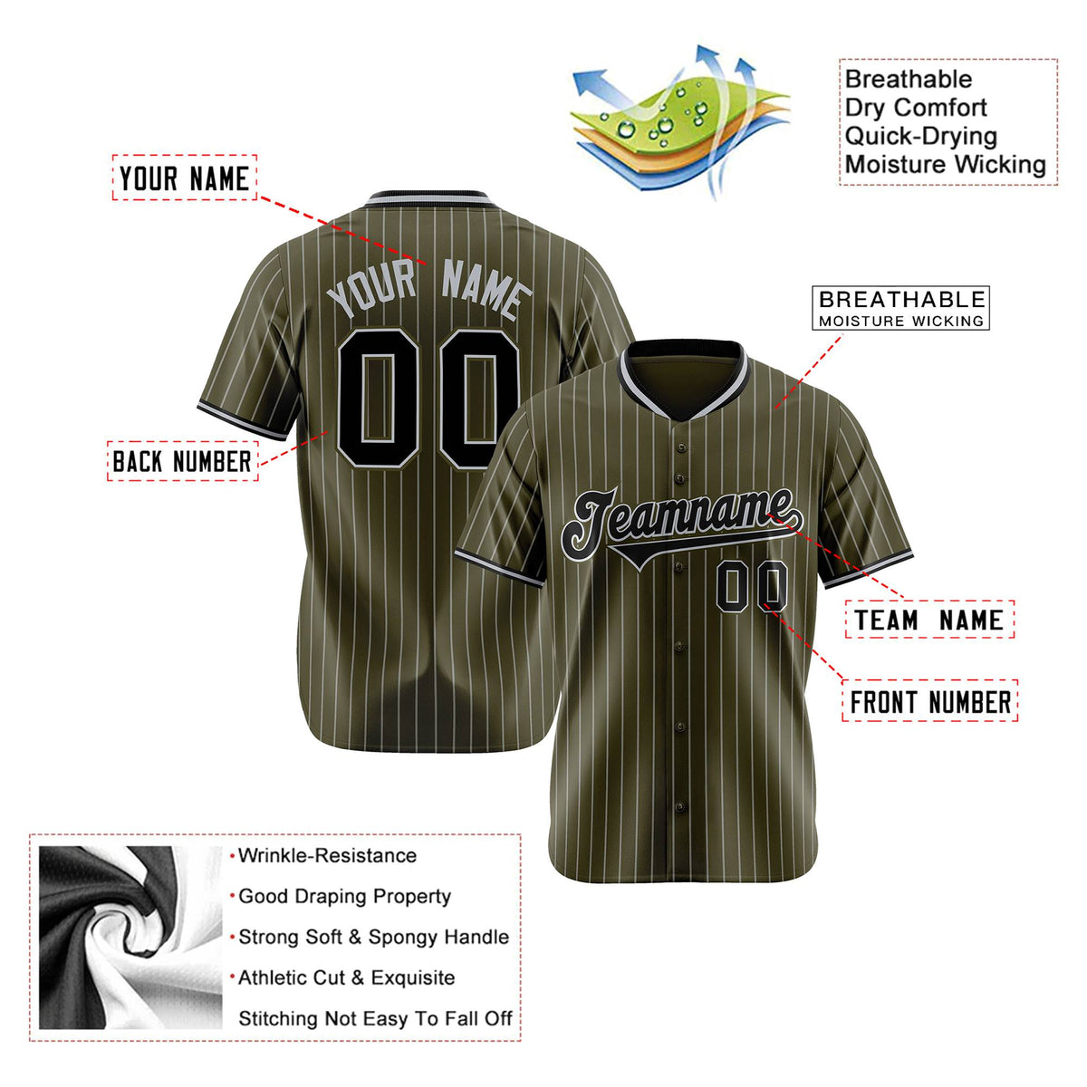 Custom Olive Black Pinstripe Black-Gray Authentic Baseball Jersey