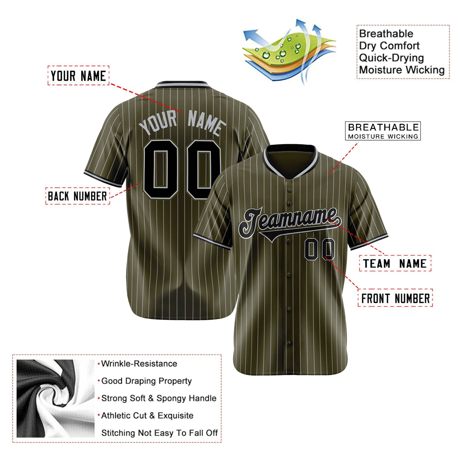 Custom Olive Black Pinstripe Black-Gray Authentic Baseball Jersey