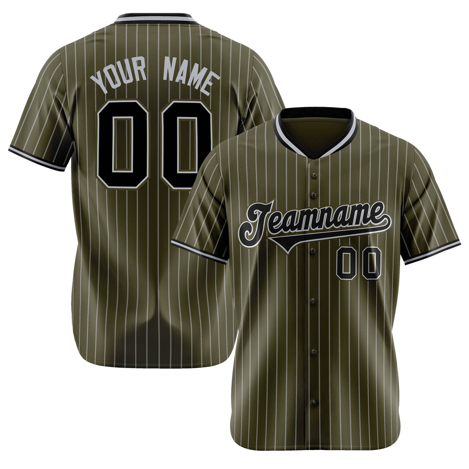 Custom Olive Black Pinstripe Black-Gray Authentic Baseball Jersey