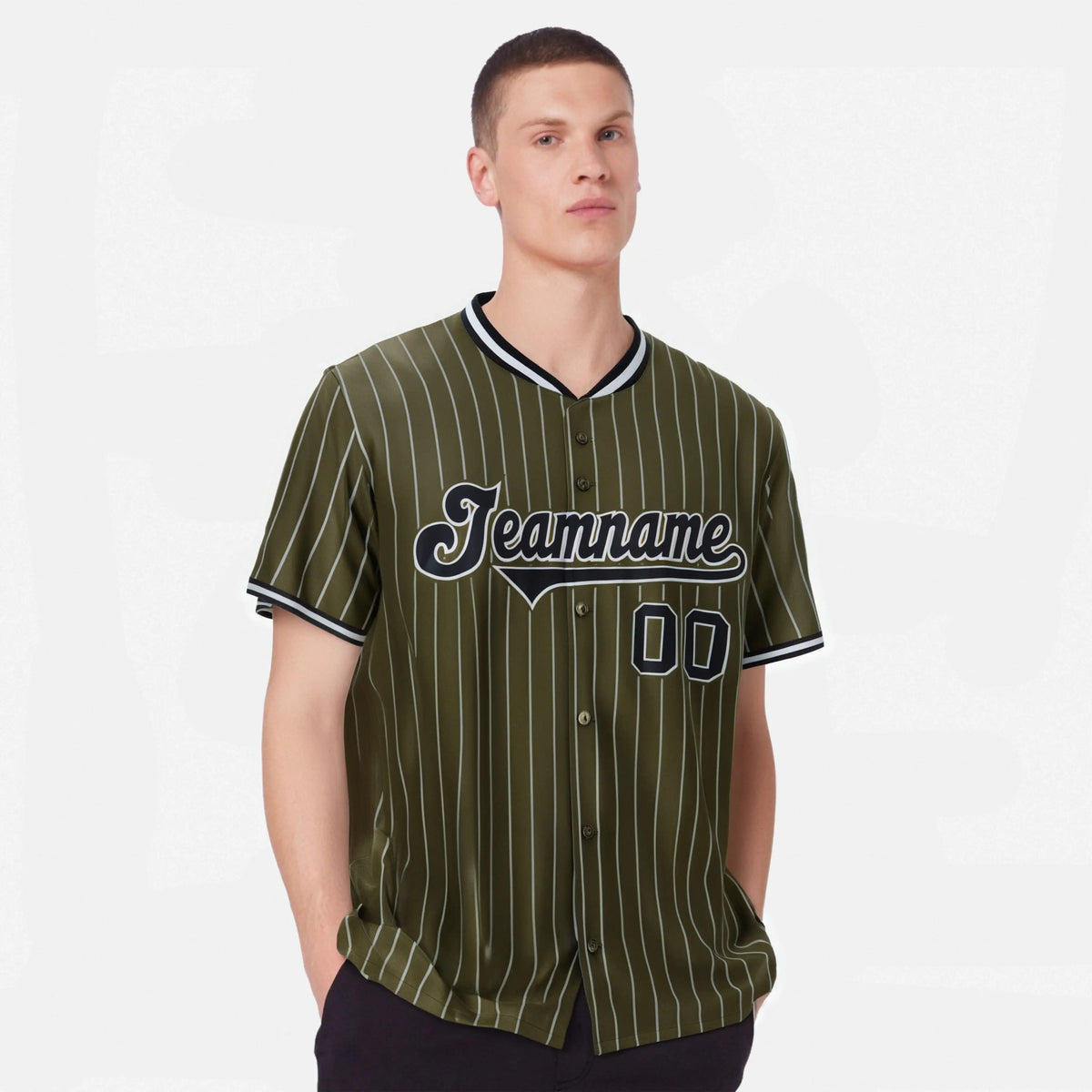 Custom Olive Black Pinstripe Black-Gray Authentic Baseball Jersey