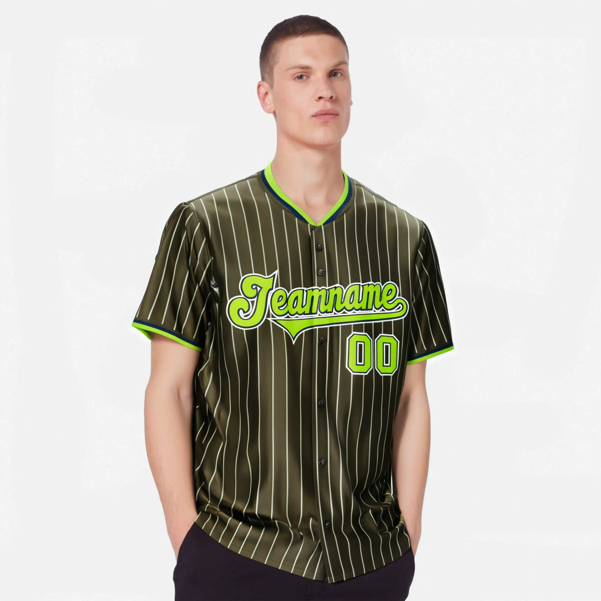 Custom Olive Neon-Green Pinstripe Neon-Greenv White Authentic Baseball Jersey