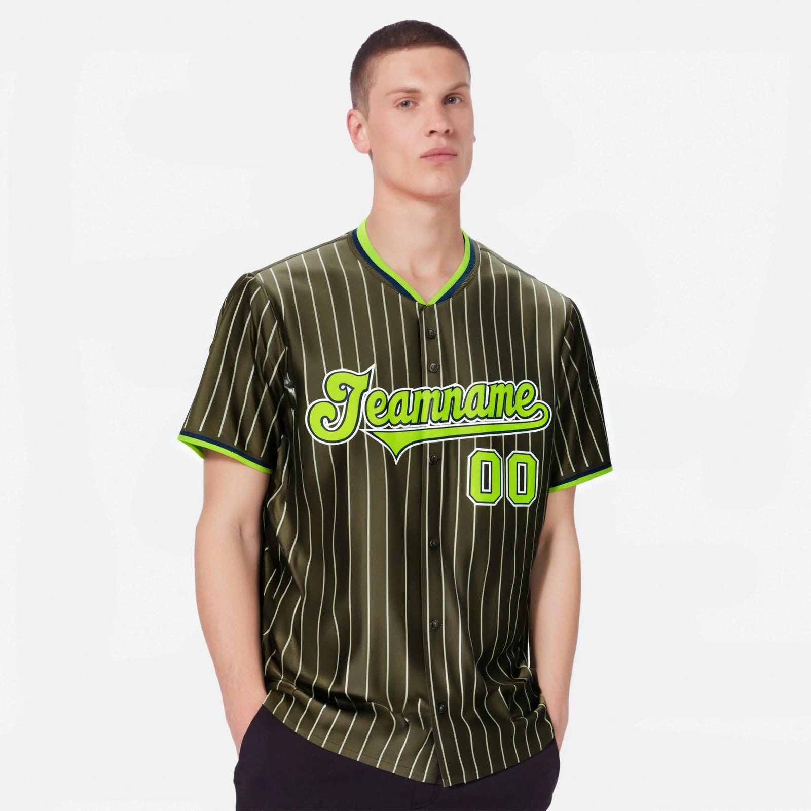 Custom Olive Neon-Green Pinstripe Neon-Greenv White Authentic Baseball Jersey