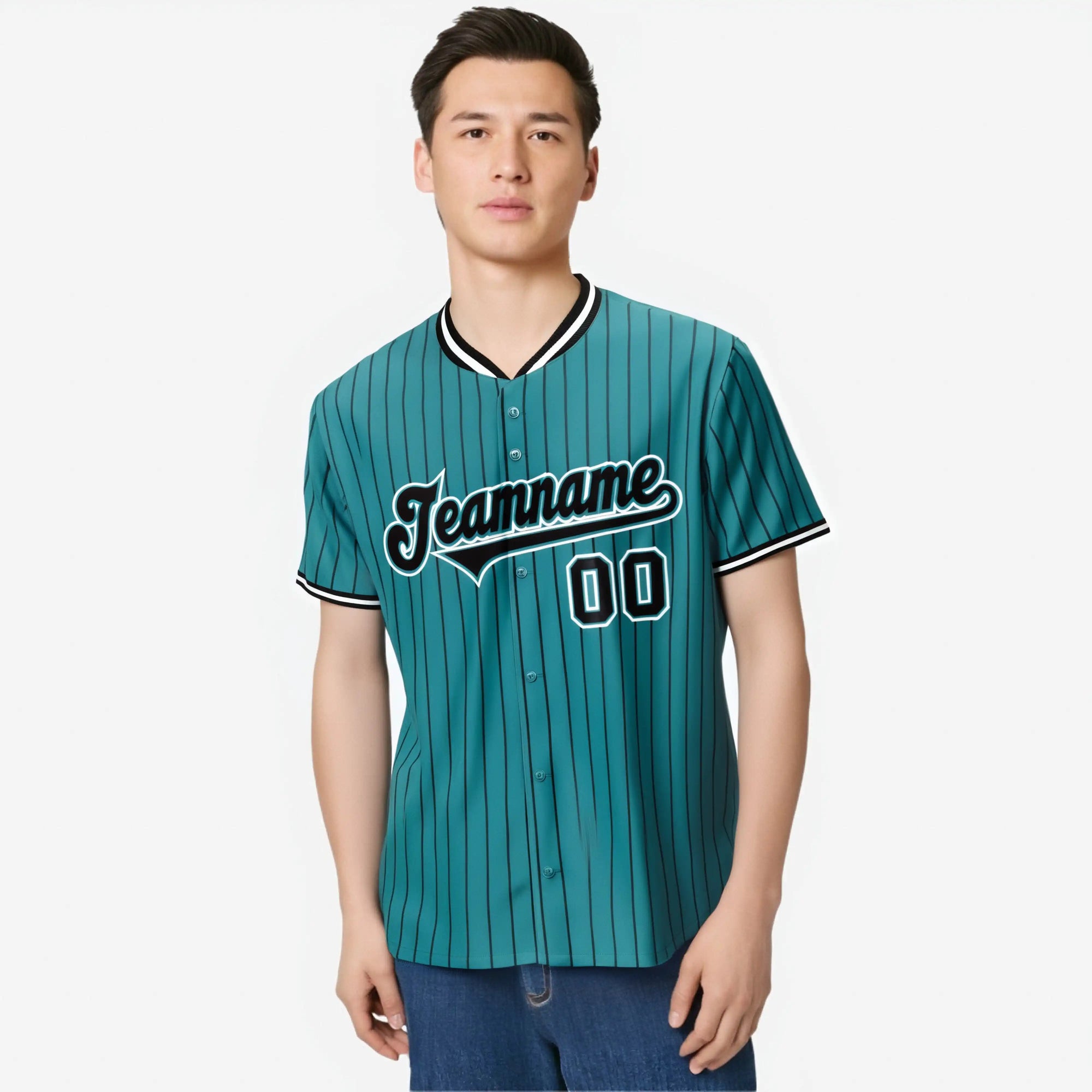 Custom Aqua Black Pinstripe Black-White Authentic Baseball Jersey