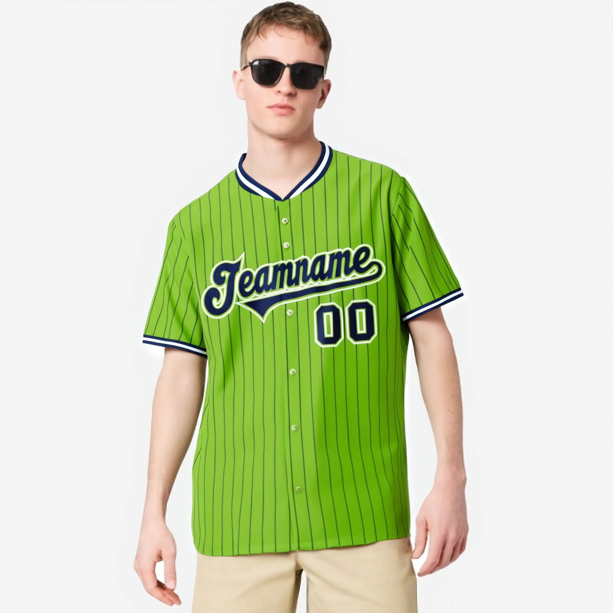 Custom Neon Green Navy Pinstripe Navy-White Authentic Baseball Jersey