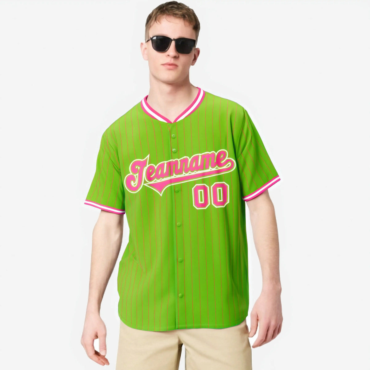 Custom Neon Green Pink Pinstripe Pink-White Authentic Baseball Jersey