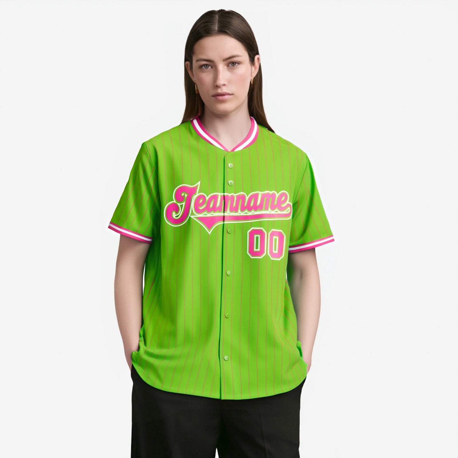 Custom Neon Green Pink Pinstripe Pink-White Authentic Baseball Jersey