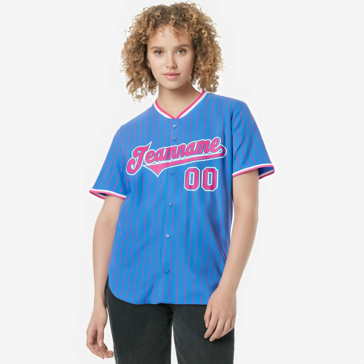 Custom Sky Blue Pink Pinstripe Pink-White Authentic Baseball Jersey