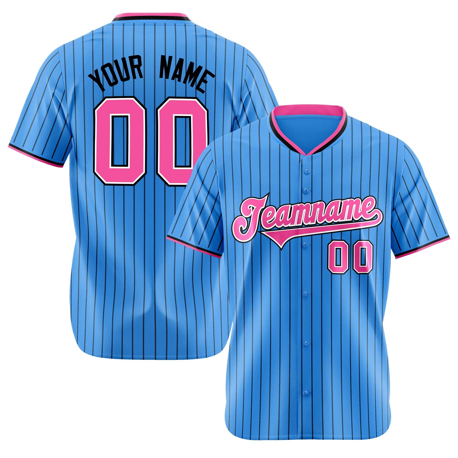Custom Sky Blue Black Pinstripe Pink-White Authentic Baseball Jersey