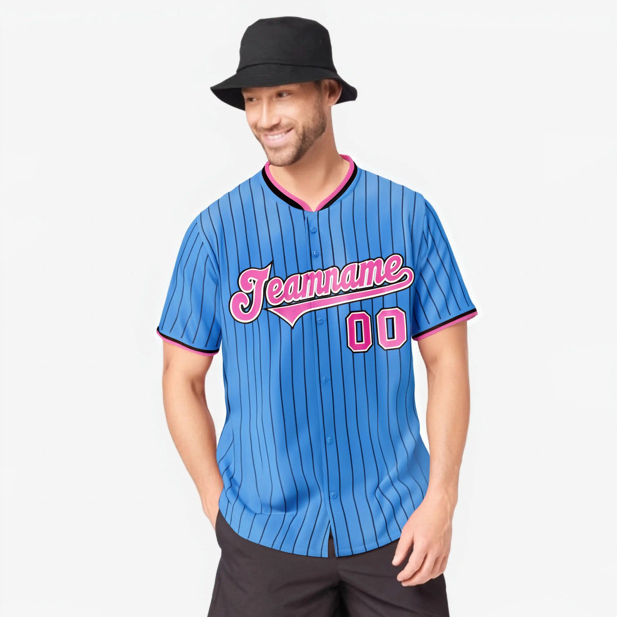 Custom Sky Blue Black Pinstripe Pink-White Authentic Baseball Jersey