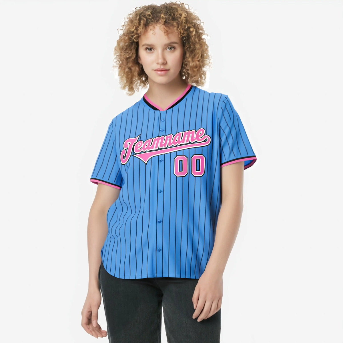 Custom Sky Blue Black Pinstripe Pink-White Authentic Baseball Jersey