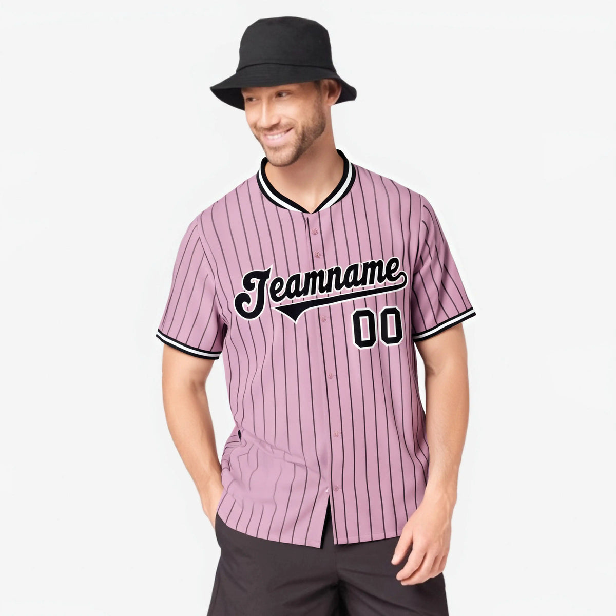 Custom Pink Black Pinstripe Black-White Authentic Baseball Jersey