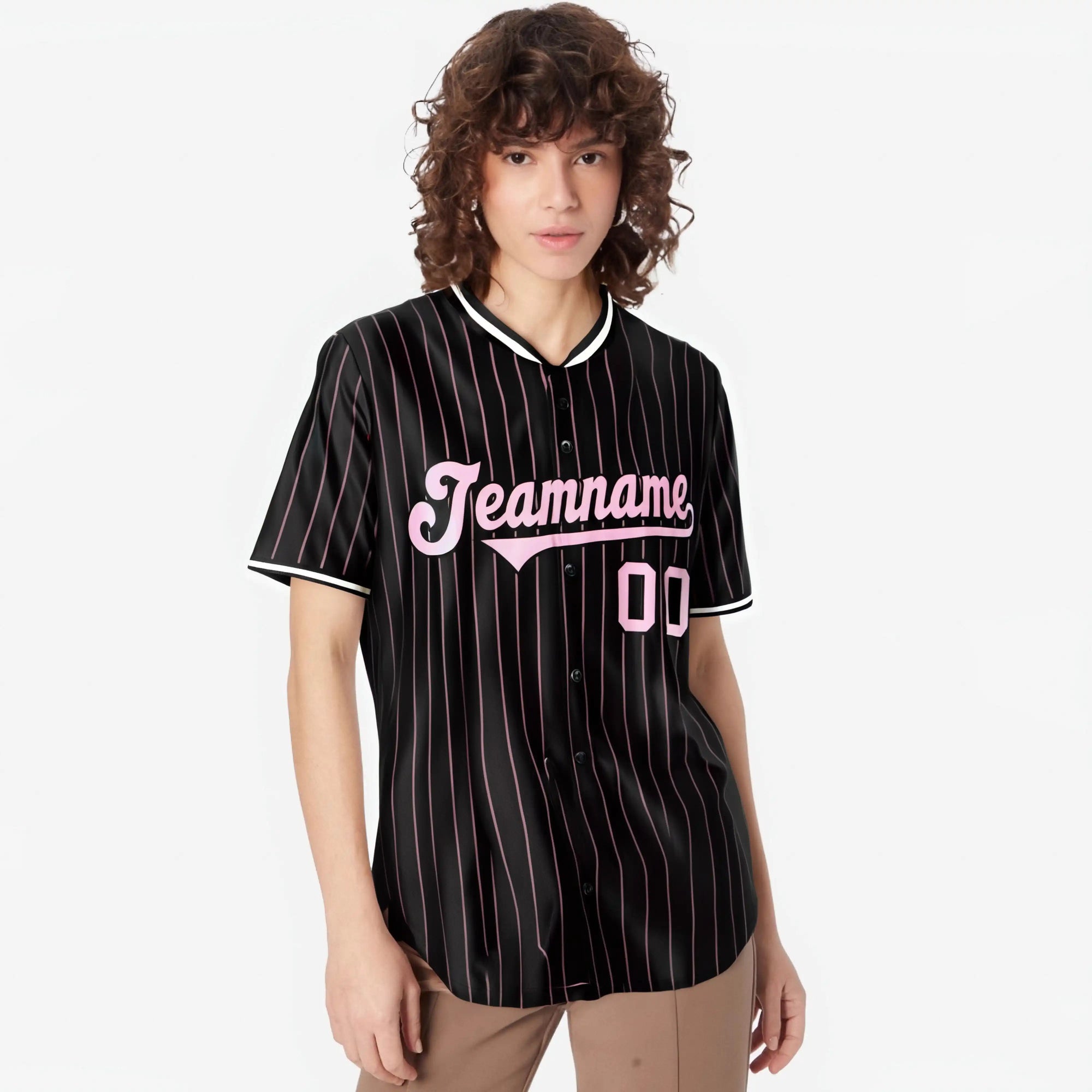 Custom Black Pink Pinstripe Pink-White Authentic Baseball Jersey