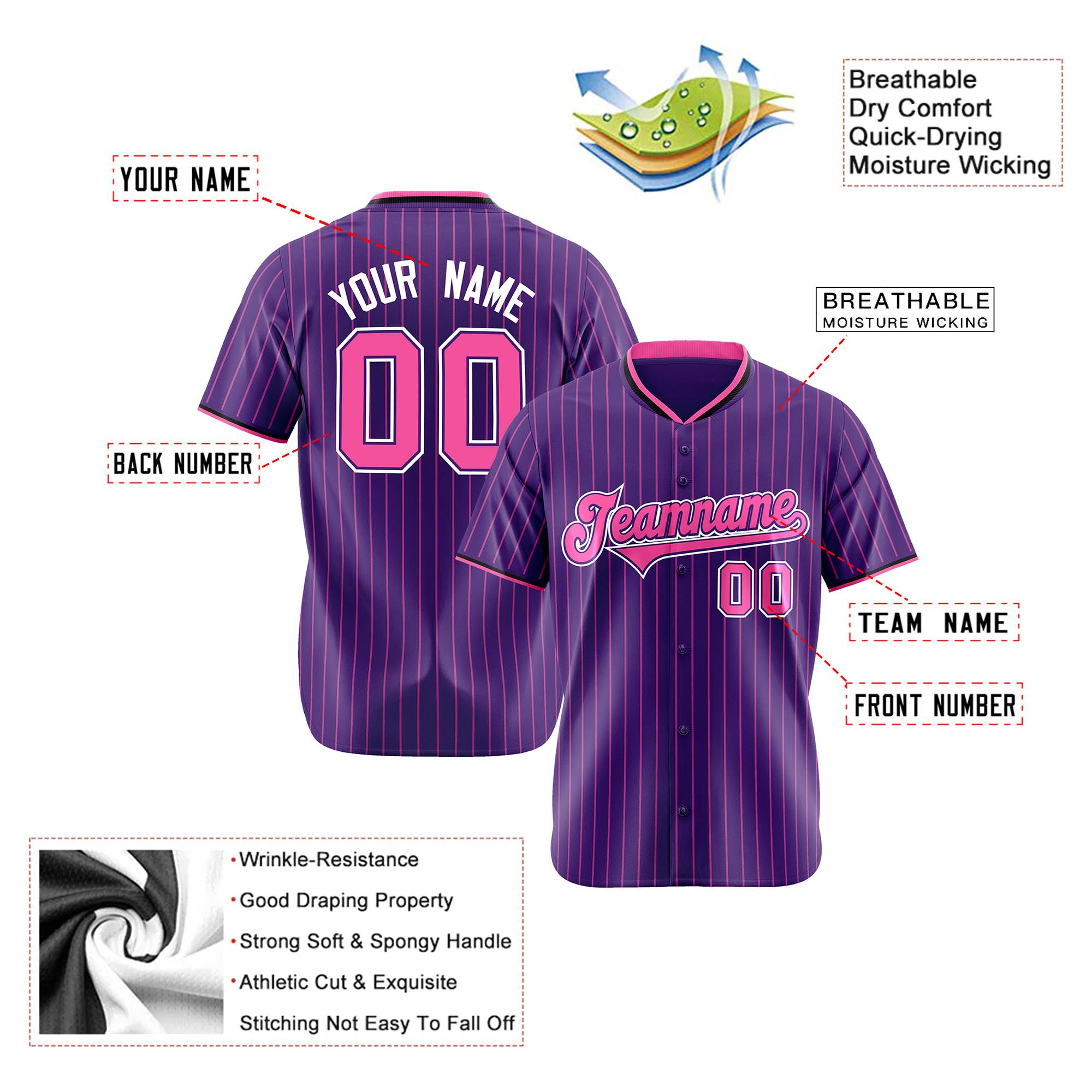 Custom Purple Pink Pinstripe Pink-White Authentic Baseball Jersey